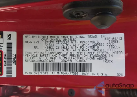 2012 Toyota Tacoma Prerunner V6 z USA, uszkodzony, nr VIN 5TFJU4GN0CX024263